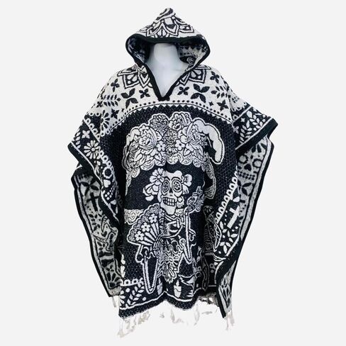 Leos Imports Day of the Dead Mexican Poncho with Hoodie | Reversible Dia de los Muertos Gaban - Adult Unisex, One Size in Saudi Arabia
