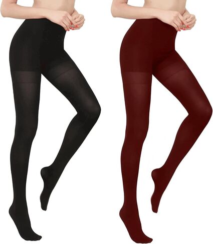 HA WA Opaque Black Compression Tights for women, 2 Pairs High Waist tights with Control Top Pantyhose（2 Black,M） in Saudi Arabia