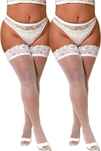 Syhood 2 Pairs Plus Size Women's Lace Top Thigh High Sheer Antiskid Silicone Shimmery Stockings Hold Up Nylon in Saudi Arabia