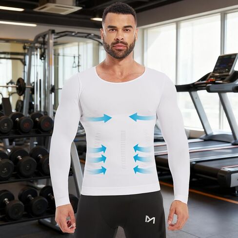 Shapewear Men Long Sleeve Compression Shirt - Slimming Body Shaper Tummy Control Workout Tank Top Undershirt White in Saudi Arabia