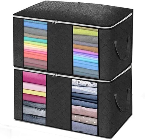 2-Pack Heavy-Duty Storage Bags with Zipper & Dual Clear View Windows | Waterproof Travel & Moving Organizers for Clothes,Bedding,Blankets | Foldable Reinforced Handles | Space-Saving Design,Black. in Saudi Arabia