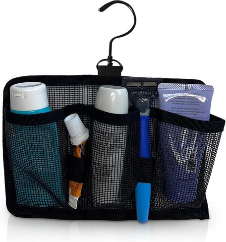 Hangable Mesh Shower Travel Kit Caddy - Large Capacity Travel Organizer with 3 Compartments and 2 Elastic Bands (black) (Swivel Hook) in Saudi Arabia