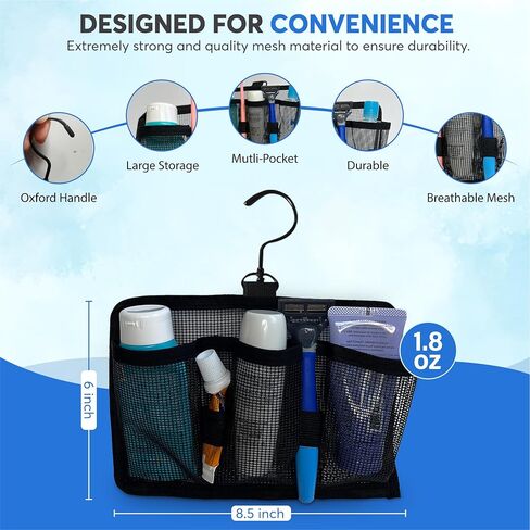 Hangable Mesh Shower Travel Kit Caddy - Large Capacity Travel Organizer with 3 Compartments and 2 Elastic Bands (black) (Swivel Hook) in Saudi Arabia