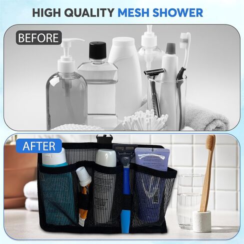 Hangable Mesh Shower Travel Kit Caddy - Large Capacity Travel Organizer with 3 Compartments and 2 Elastic Bands (black) (Swivel Hook) in Saudi Arabia