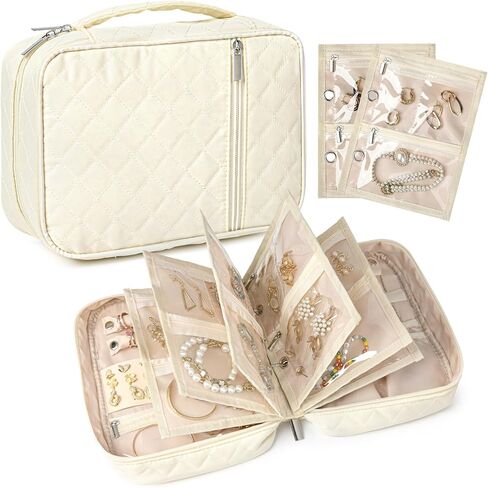 CEELGON Travel Jewelry Case Organizer and Storage Quilted Jewelry Pouch Box for Traveling Ring Necklace Earring Holder with Velvet Jewelry Binder Mini Portable Jewelry Bag (Beige) in Saudi Arabia