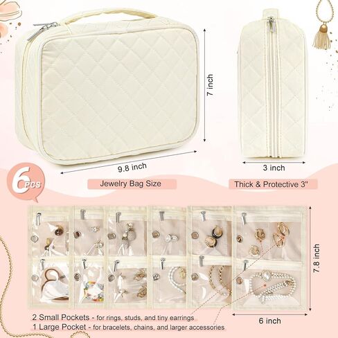 CEELGON Travel Jewelry Case Organizer and Storage Quilted Jewelry Pouch Box for Traveling Ring Necklace Earring Holder with Velvet Jewelry Binder Mini Portable Jewelry Bag (Beige) in Saudi Arabia