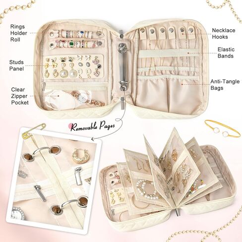 CEELGON Travel Jewelry Case Organizer and Storage Quilted Jewelry Pouch Box for Traveling Ring Necklace Earring Holder with Velvet Jewelry Binder Mini Portable Jewelry Bag (Beige) in Saudi Arabia
