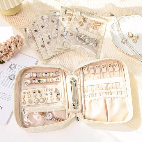 CEELGON Travel Jewelry Case Organizer and Storage Quilted Jewelry Pouch Box for Traveling Ring Necklace Earring Holder with Velvet Jewelry Binder Mini Portable Jewelry Bag (Beige) in Saudi Arabia