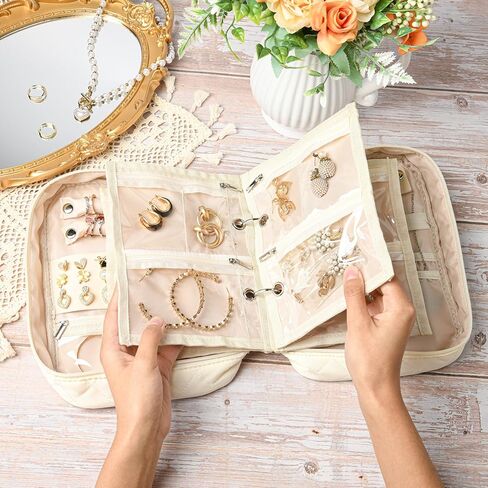 CEELGON Travel Jewelry Case Organizer and Storage Quilted Jewelry Pouch Box for Traveling Ring Necklace Earring Holder with Velvet Jewelry Binder Mini Portable Jewelry Bag (Beige) in Saudi Arabia
