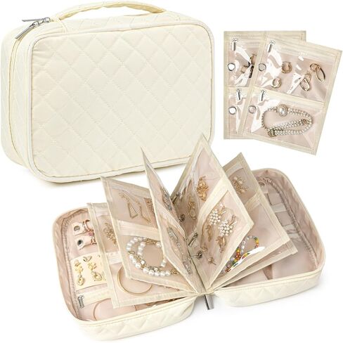 CEELGON Travel Jewelry Case Organizer and Storage Quilted Jewelry Pouch Box for Traveling Ring Necklace Earring Holder with Velvet Jewelry Binder Mini Portable Jewelry Bag (Beige) in Saudi Arabia