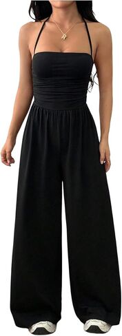 Verdusa Women's Halter Wide Leg Jumpsuits Y2k Ruched Tie Backless One Piece Sleeveless Rompers in Saudi Arabia