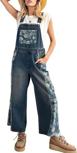 ebossy Women's Casual Y2k Floral Print Denim Jumpsuits Adjustable Straps Wide Leg Bib Overall Jeans with Pockets in Saudi Arabia