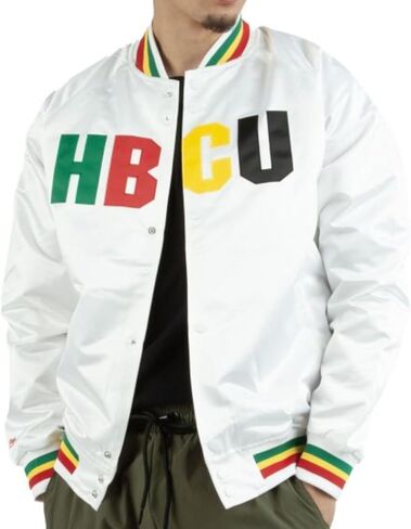 سترة Mitchell & Ness HBCU، ساتان بوليستر أبيض، رقعة قبضة قوية للرجال في أفريقيا، زخرفة مخططة RBG، ياقة واقفة in Saudi Arabia