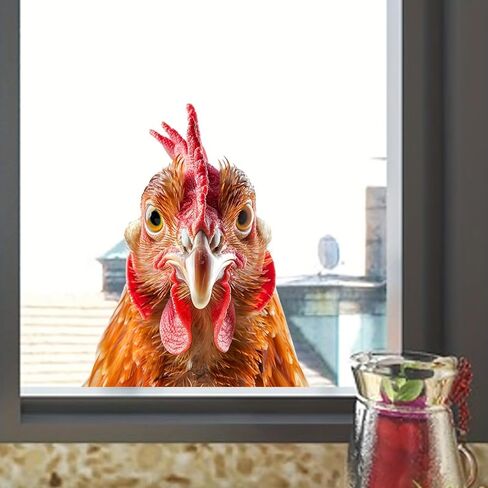 Rooster Window Stickers - Realistic Chicken Head Peeking Static Decal | Farm Animal Novelty Decal for Windows & Glass Doors in Saudi Arabia