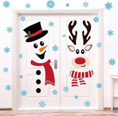 Christmas Snowman Reindeer Door Stickers Christmas Door Decorations Large Snowman Face Reindeer Stickers with Snowflake Decals for Xmas Winter Window Refrigerator Decorations in Saudi Arabia