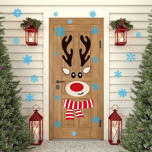 Christmas Snowman Reindeer Door Stickers Christmas Door Decorations Large Snowman Face Reindeer Stickers with Snowflake Decals for Xmas Winter Window Refrigerator Decorations in Saudi Arabia
