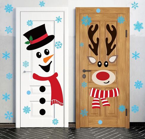 Christmas Snowman Reindeer Door Stickers Christmas Door Decorations Large Snowman Face Reindeer Stickers with Snowflake Decals for Xmas Winter Window Refrigerator Decorations in Saudi Arabia