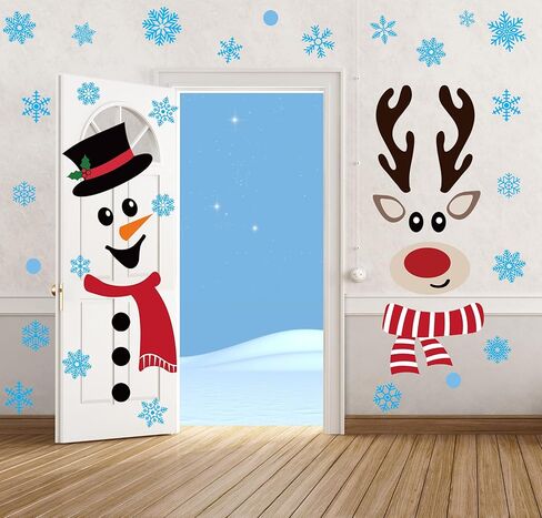 Christmas Snowman Reindeer Door Stickers Christmas Door Decorations Large Snowman Face Reindeer Stickers with Snowflake Decals for Xmas Winter Window Refrigerator Decorations in Saudi Arabia