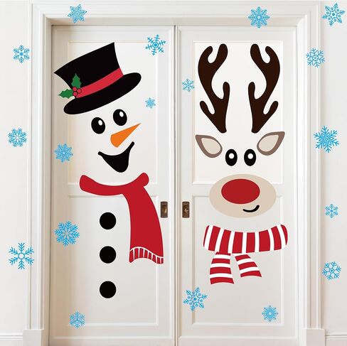 Christmas Snowman Reindeer Door Stickers Christmas Door Decorations Large Snowman Face Reindeer Stickers with Snowflake Decals for Xmas Winter Window Refrigerator Decorations in Saudi Arabia