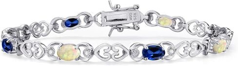 Gemstone Birthstone and Blue Created sapphire Heart Link Tennis Bracelet for Women | 925 Sterling Silver | Oval 6X4MM | 7.25 Inch Length | Double Locking Fold Over Clasp | Jewelry for Her Mom Wife in Saudi Arabia