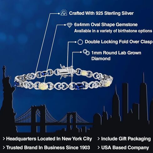 Gemstone Birthstone and Blue Created sapphire Heart Link Tennis Bracelet for Women | 925 Sterling Silver | Oval 6X4MM | 7.25 Inch Length | Double Locking Fold Over Clasp | Jewelry for Her Mom Wife in Saudi Arabia