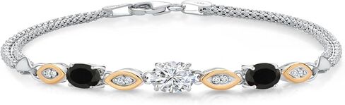 Gem Stone King 925 Silver and 10K Yellow Gold Lab Grown Diamond and Black Onyx Bracelet For Women | 1.58 Cttw | Center Diamond 0.70 Ct | DEF Color | VVS-VS Clarity | Wheat Chain | 6.5/7/7.5 Inches in Saudi Arabia