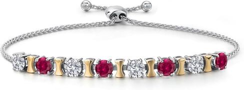 Gem Stone King 925 Silver and 10K Yellow Gold Lab Grown Diamond and Red Created Ruby Bracelet For Women | 2.08 Cttw | Gemstone April Birthstone | Round 4MM | Adjustable up to 9 Inch in Saudi Arabia