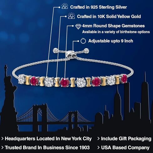 Gem Stone King 925 Silver and 10K Yellow Gold Lab Grown Diamond and Red Created Ruby Bracelet For Women | 2.08 Cttw | Gemstone April Birthstone | Round 4MM | Adjustable up to 9 Inch in Saudi Arabia