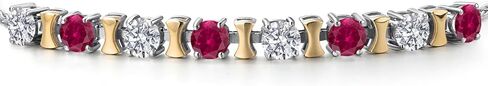 Gem Stone King 925 Silver and 10K Yellow Gold Lab Grown Diamond and Red Created Ruby Bracelet For Women | 2.08 Cttw | Gemstone April Birthstone | Round 4MM | Adjustable up to 9 Inch in Saudi Arabia