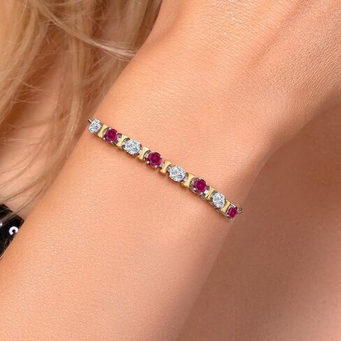 Gem Stone King 925 Silver and 10K Yellow Gold Lab Grown Diamond and Red Created Ruby Bracelet For Women | 2.08 Cttw | Gemstone April Birthstone | Round 4MM | Adjustable up to 9 Inch in Saudi Arabia