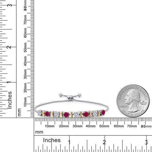 Gem Stone King 925 Silver and 10K Yellow Gold Lab Grown Diamond and Red Created Ruby Bracelet For Women | 2.08 Cttw | Gemstone April Birthstone | Round 4MM | Adjustable up to 9 Inch in Saudi Arabia