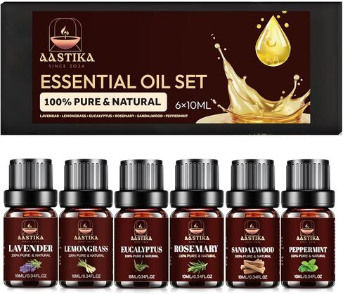 مجموعة الزيوت العطرية العطرية من أستيكا - نقية وطبيعية 100%، زجاجة 6 × 10 مل (اللافندر وعشب الليمون والأوكالبتوس وإكليل الجبل وخشب الصندل والنعناع) in Saudi Arabia