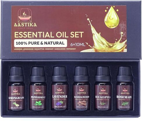 مجموعة الزيوت العطرية العطرية من أستيكا - نقية وطبيعية 100%، زجاجة 6 × 10 مل (اللافندر وعشب الليمون والأوكالبتوس وإكليل الجبل وخشب الصندل والنعناع) in Saudi Arabia