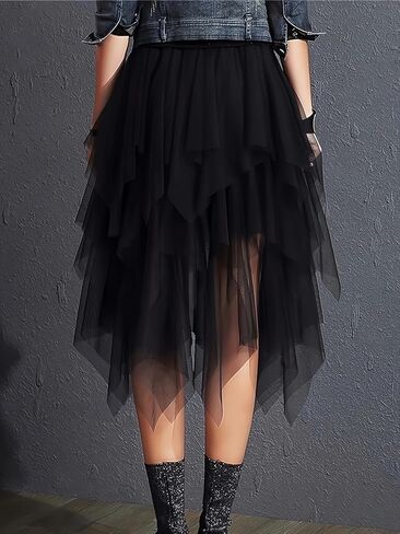 Womens Mesh Irregular Skirt Layered Tulle Hem Extra Volume Cake Style Midi Length Flowy Party Clubwear Dressy Skirt in Saudi Arabia