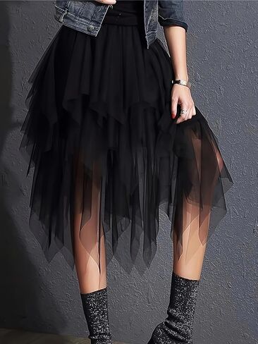 Womens Mesh Irregular Skirt Layered Tulle Hem Extra Volume Cake Style Midi Length Flowy Party Clubwear Dressy Skirt in Saudi Arabia