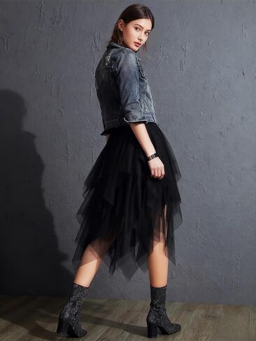 Womens Mesh Irregular Skirt Layered Tulle Hem Extra Volume Cake Style Midi Length Flowy Party Clubwear Dressy Skirt in Saudi Arabia