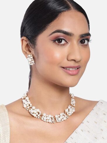 Aheli Pearl Collection Rose Gold Toned Cubic Zirconia Studded Choker Necklace Earring Jewellery Set Gift for Women in Saudi Arabia