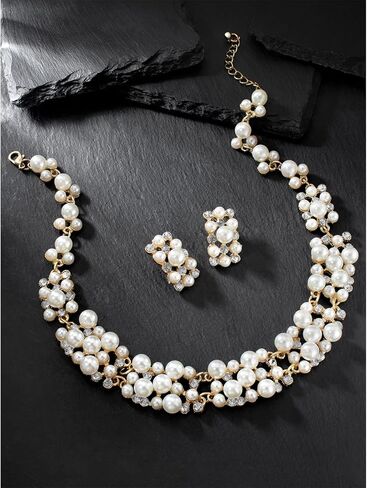 Aheli Pearl Collection Rose Gold Toned Cubic Zirconia Studded Choker Necklace Earring Jewellery Set Gift for Women in Saudi Arabia