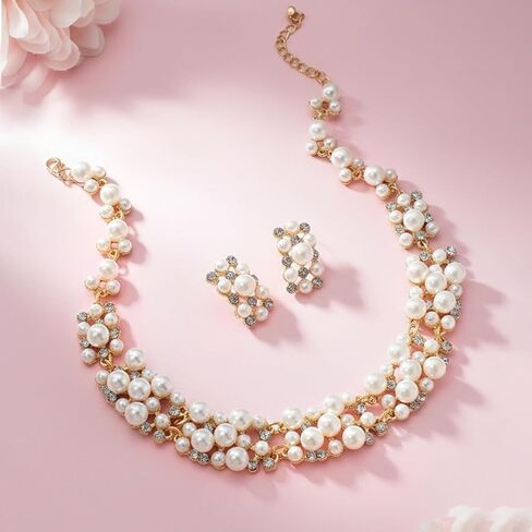 Aheli Pearl Collection Rose Gold Toned Cubic Zirconia Studded Choker Necklace Earring Jewellery Set Gift for Women in Saudi Arabia