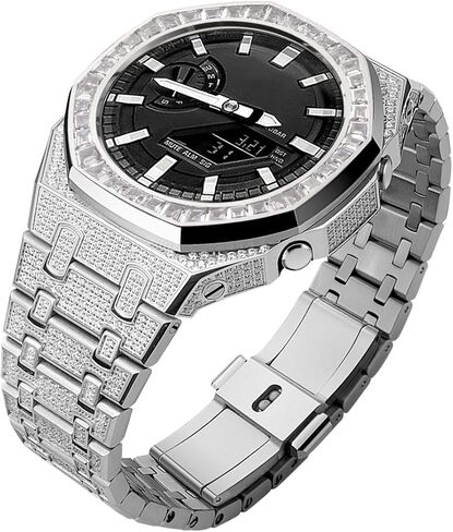GA2100 Watch Case Band Parts,Full Square Diamond Bezel Steel Metal Case Modifiy Mod Modified Mods Ice Ring Replacement Kit Compatible With Casioak G-shock Ga-2100/Ga-2110/GA-B2100 in Saudi Arabia