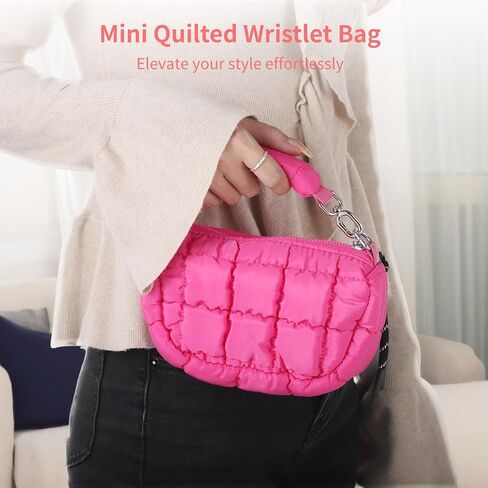 Mini Quilted Wristlet Purse for Women, Mini Puffer Bag, Chic Nylon Cloud Tote with Quilted Design, Small Stylish Handbag in Magenta in Saudi Arabia