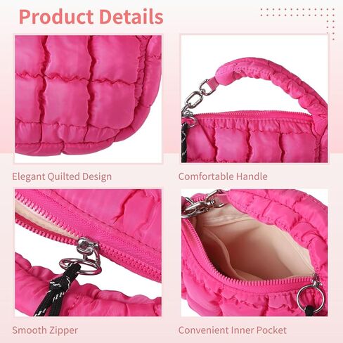 Mini Quilted Wristlet Purse for Women, Mini Puffer Bag, Chic Nylon Cloud Tote with Quilted Design, Small Stylish Handbag in Magenta in Saudi Arabia