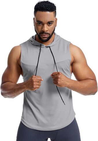 Men's Sleeveless Hooded Tank Top, Light Gray Quick-Dry Gym Hoodie with Drawstring, Breathable Fabric for Workout, Casual Wear in Saudi Arabia