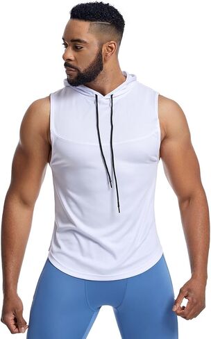 Men's Sleeveless Hooded Tank Top, Light Gray Quick-Dry Gym Hoodie with Drawstring, Breathable Fabric for Workout, Casual Wear in Saudi Arabia
