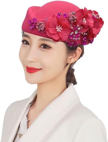 Vintage Felt Turban Hat for Women Church Derby Fascinator with Flower Ladies Soft Beret Caps for Party Airline Stewardess Hat in Saudi Arabia