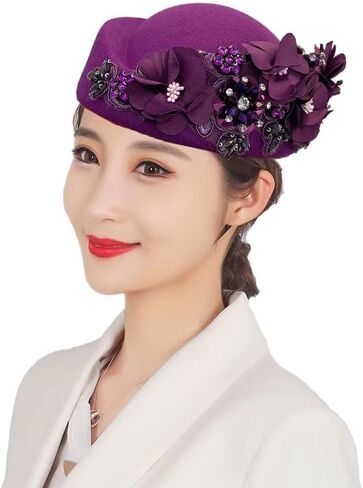 Vintage Felt Turban Hat for Women Church Derby Fascinator with Flower Ladies Soft Beret Caps for Party Airline Stewardess Hat in Saudi Arabia
