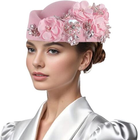Vintage Felt Turban Hat for Women Church Derby Fascinator with Flower Ladies Soft Beret Caps for Party Airline Stewardess Hat in Saudi Arabia