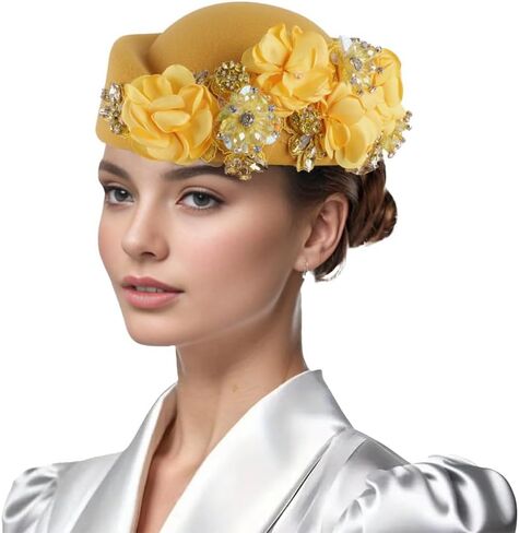 Vintage Felt Turban Hat for Women Church Derby Fascinator with Flower Ladies Soft Beret Caps for Party Airline Stewardess Hat in Saudi Arabia