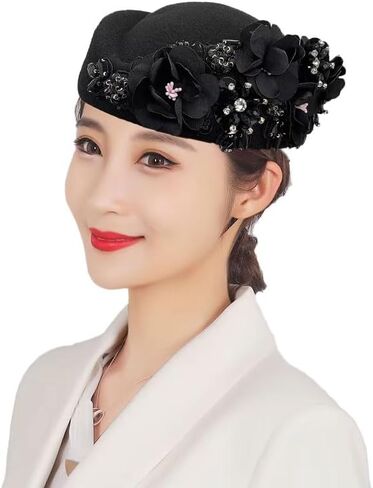 Vintage Felt Turban Hat for Women Church Derby Fascinator with Flower Ladies Soft Beret Caps for Party Airline Stewardess Hat in Saudi Arabia