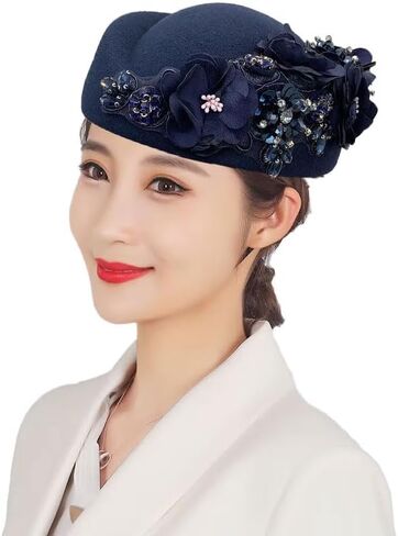 Vintage Felt Turban Hat for Women Church Derby Fascinator with Flower Ladies Soft Beret Caps for Party Airline Stewardess Hat in Saudi Arabia